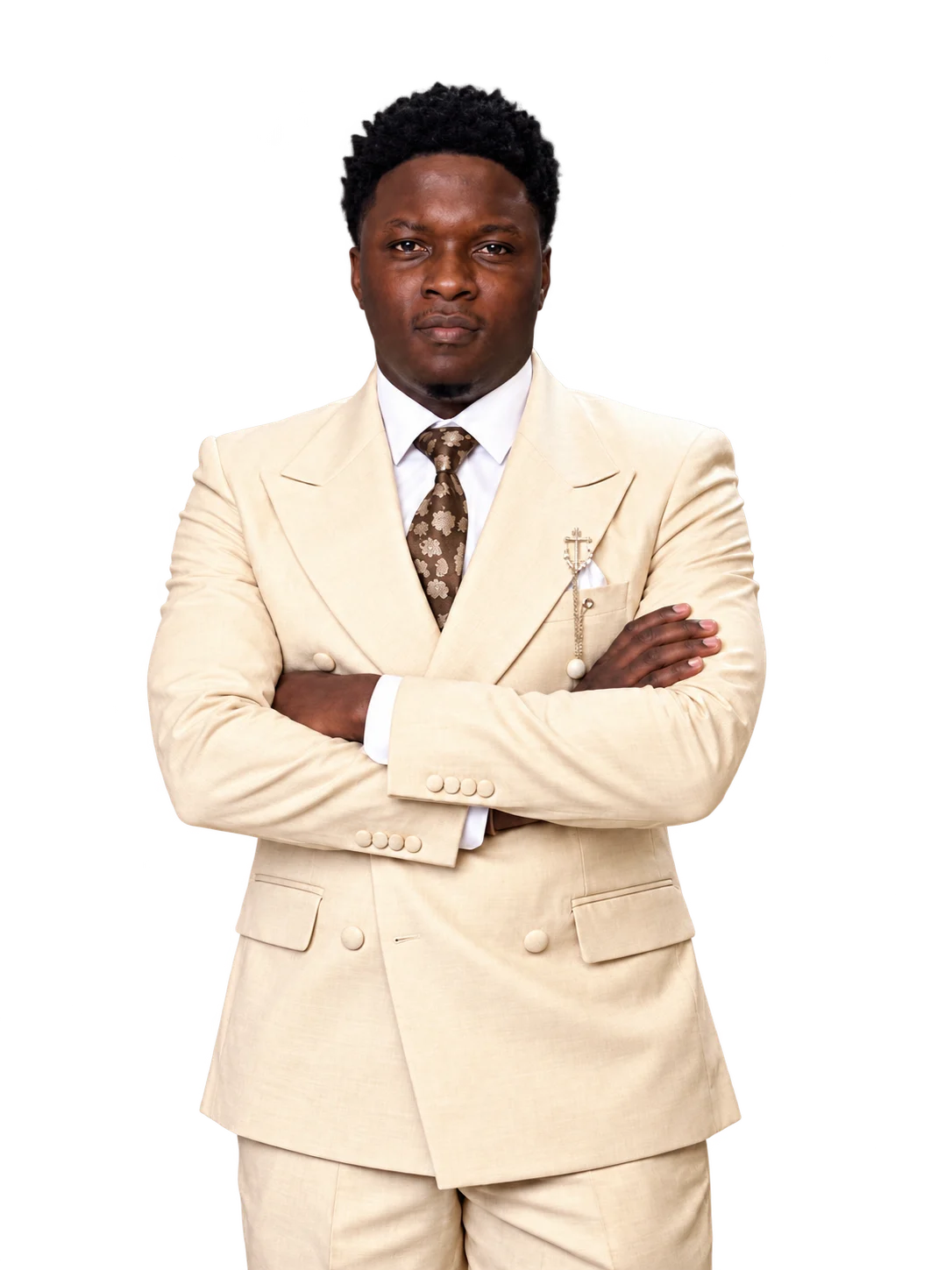 Fortune Fasola, independent animator, wearing a cream suit
